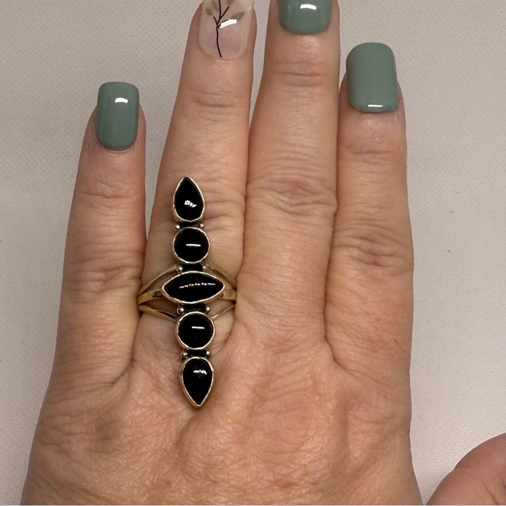925 Sterling Silver Ring 5 stone black onyx